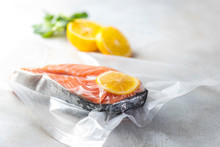Salmon Fillets In A Vacuum Package. Sous-vide, New Technology Cuisine.