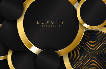 Wall Mural - Modern layered background in gold and luxury style with circle shape composition. Minimalist black and gold design with dotted pattern element