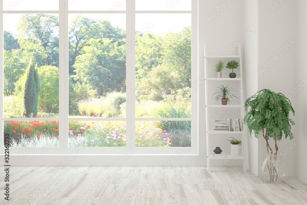 Stylish empty room in white color with summer landscape in window. Scandinavian interior design. 3D illustration - obrazy, fototapety, plakaty 