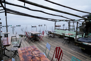 wood table winter terrace seafood oysters tasting on herbe village sea Beach in Cap Ferret Arcachon basin France