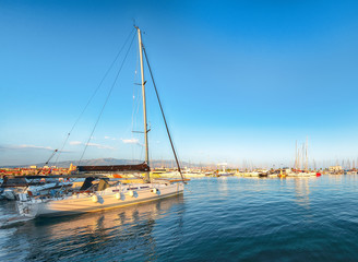 Wall Mural - Panoramic view of colorful boats and yachts in harbor of Split