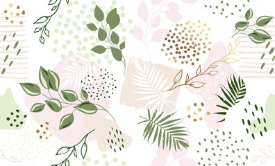 Wall Mural - Seamless exotic pattern with tropical plants and pink gold elements. Vector