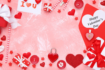 Sticker - Valentine hearts with candles, gift boxes, envelope and text Happy Valentines Day on coral background