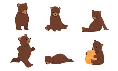 Set of brown bears in everyday life situations. Vector illustration in flat cartoon style.