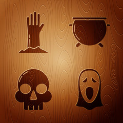 Sticker - Set Funny and scary ghost mask for Halloween , Zombie hand , Skull and Halloween witch cauldron on wooden background. Vector