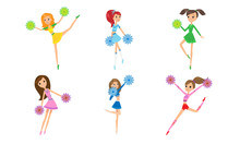 Set Of Cute Girls Cheerleaders With Pom-poms. Vector Illustration In Flat Cartoon Style.