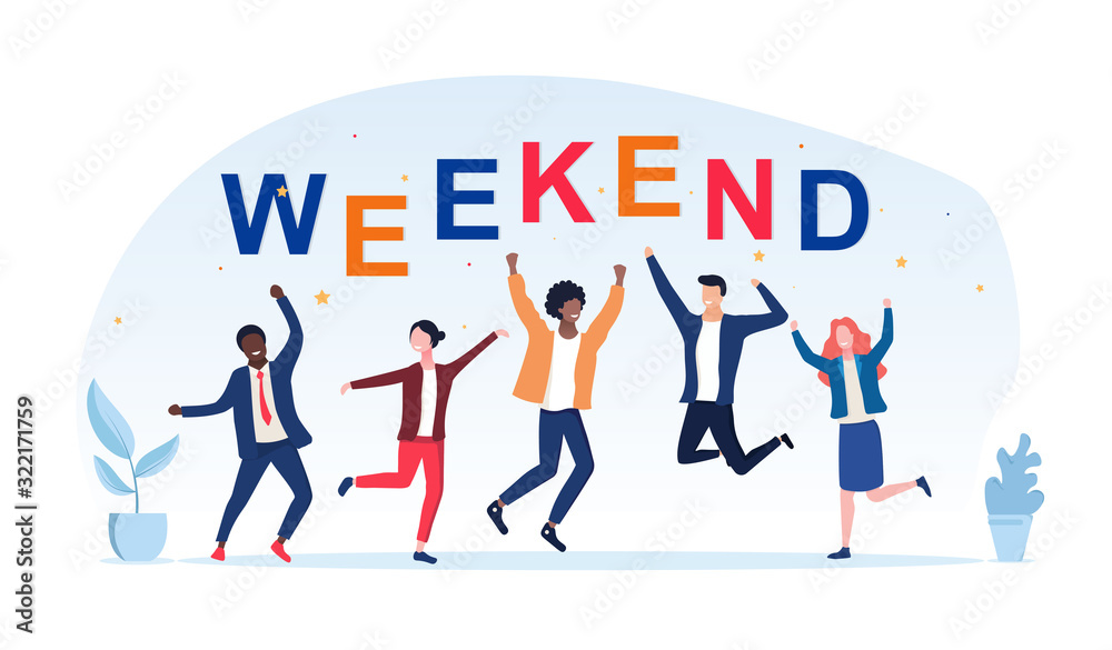 Group of friends or collegues celebrating the weekend with colorful text and cheering dancing multiracial men and women, vector illustration - obrazy, fototapety, plakaty 