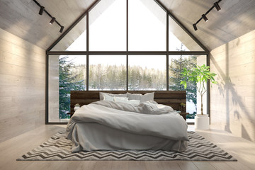 Poster - Interior bedroom of a forest house 3D rendering