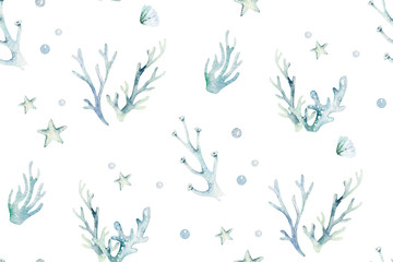 Wall Mural - Sea animals blue watercolor ocean seamless pettern fish, turtle, whale and coral. Shell aquarium background. Nautical starfish marine illustration