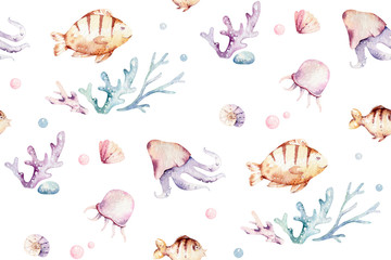 Wall Mural - Sea animals blue watercolor ocean seamless pettern fish, turtle, whale and coral. Shell aquarium background. Nautical starfish marine illustration