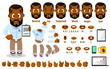 Cartoon afro-american bearded man constructor for animation. Parts of body: legs, arms, face emotions, hands gestures, lips sync. Full length, front, three quater. Set of ready to use poses, objects.