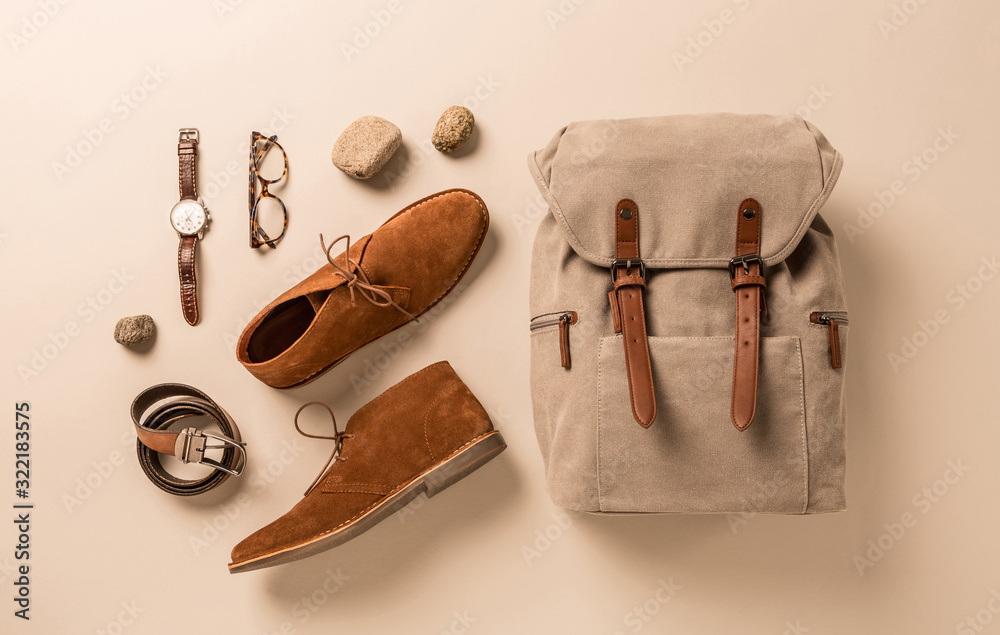 Men's accessories - camel shoes, khaki backpack and leather belt - obrazy, fototapety, plakaty 