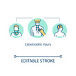 Catastrophic injury, spinal trauma concept icon. Anatomical abnormality, paralysis, cerebral contusion idea thin line illustration. Vector isolated outline RGB color drawing. Editable stroke