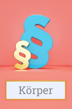 Körper. Begriff auf Schild. Präsentation von Paragrafen auf Podest in Museum. Symbol für Recht, Gesetz, Urteil. Rosa Hintergrund
