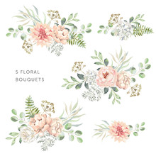 Blush Dahlia, Roses, Peonies With Green Leaves Bouquets, White Background. Set Of The Bridal Floral Arrangements. Vector Illustration. Romantic Garden Flowers. Wedding Design Clip Art