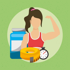 Sticker - young woman athlete with healthy lifestyle icons