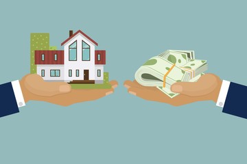 Country elite houses or cottage for rent or sale building real estate concept vector illustration. Country house in hand sold for pack of dollars cash banqnotes. Banner selling elite real estate.