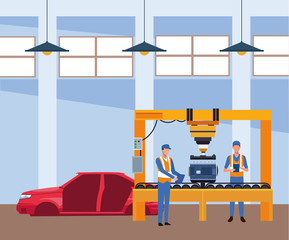 Wall Mural - car repair shop scenery with mechanics working on machine and car body