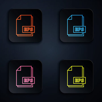 Color neon line EPS file document. Download eps button icon isolated on black background. EPS file symbol. Set icons in square buttons. Vector Illustration