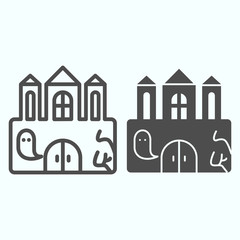 Poster - Castle line and solid icon. Big magic tower with door and ghost. Halloween vector design concept, outline style pictogram on white background, use for web and app. Eps 10.