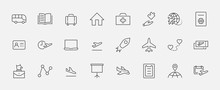 Set Of Airport Related Vector Line Icons. Contains Such Icons As Globe, Departure, Plane, Bus, Tickets, Baggage Claim, Calendar, Kit And More. Editable Stroke. 32x32 Pixels.