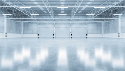 Roller door or roller shutter inside factory, warehouse or industrial building. Modern interior design with polished concrete floor and empty space for product display, industry background. 3d render.