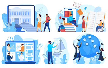 distance education and online learning concept, vector illustration. cartoon characters studying onl