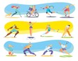© Seahorsevector - Different kinds of sport, people cartoon characters, vector illustration. Active men and women running, cycling, skating and playing sport games. Professional players in basketball, golf and tennis