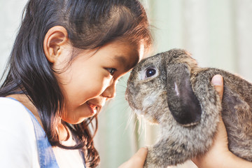 Cute asian child girl playing with cute Holland lop rabbit with love and tenderness at easter festive