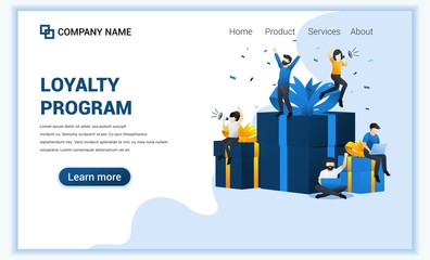 Poster - Loyalty program and rewards concept with happy people near big gift boxes. Can use for landing page web banner, infographics, landing page, web template. Vector illustration