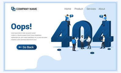 Poster - 404 error page not found concept with people trying to fix error on website page near big symbol 404