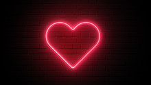Red Heart Shape Neon Light On Dark Wall Backgorund. Abstract And Decoration Concept. Happy Valentines Day Element. Sign And Symbol Electric Light Glow Banner. 3D Illustration Render. 4K Footage Video