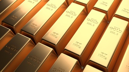 Closeup shiny gold bar arrangement in a row. Busienss Gold future and financial concept. 3D illustration rendering. World economics and currency exchange. Money trade and safe haven marketplace