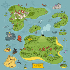 Board game kit. Adventure island map. Fantasy area. Pirates, sea monsters, mountains and city. Cartoon colored hand drawn vector.