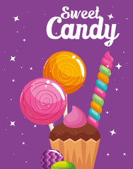 Wall Mural - poster of candy shop with cupcake and caramels vector illustration design