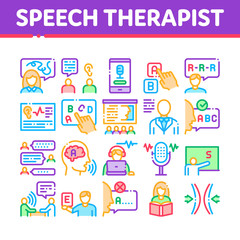 Poster - Speech Therapist Help Collection Icons Set Vector. Speech Therapist Therapy, Alphabet And Blackboard, Phone And Microphone Concept Linear Pictograms. Color Contour Illustrations