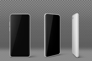 Poster - White mobile phone front and angle view isolated on transparent background. Vector realistic mockup of smartphone with black screen and white case. Modern design of digital device