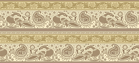 Seamless peacock border with traditional Asian design elements