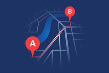 City street map plan with river GPS place pins and navigation red route between A to B point markers. Vector dark blue color perspective view isometric illustration location schema