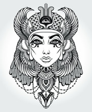 Hand-drawn Vintage Illustration Of The Ancient Cleopatra's Head. Tattoo Art, Graphic, T-shirt Design, Postcard, Poster Design, Coloring Books,spirituality, Occultism. Vector Illustration.