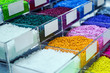 samples of different colors PVC granules polymers in the factory, production, store