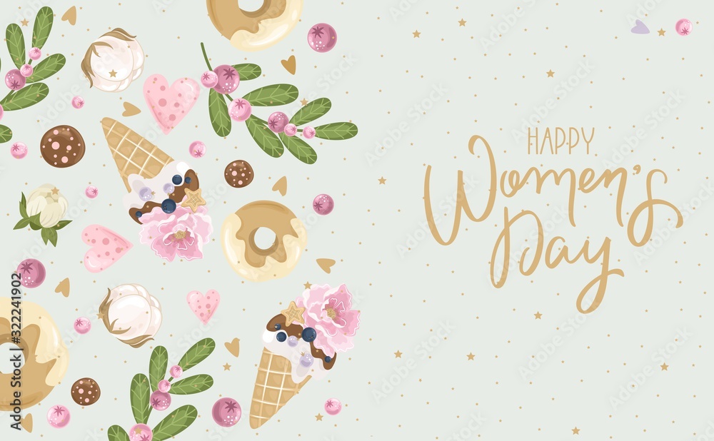 Women Day greeting card with hand drawn flowers background. Text ...