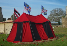 Medieval Red And Black War Tent With Normandy Flags Waving