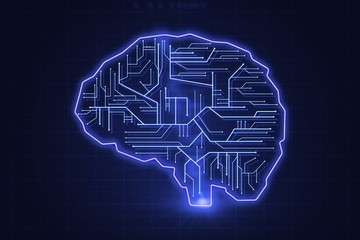 Poster - The human brain in the form of microchips on blue background. Artificial Intelligence and Neural Networks Concept. 3D Rendering