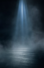 Wall Mural - wet asphalt, reflection of neon lights, a searchlight, smoke. abstract light in a dark empty street 