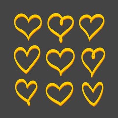 Poster - Yellow hand drawn hearts set isolated on black background. Vector decorative elements, clipart objects.
