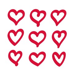 Poster - Red hearts hand drawn set. Vector decorative elements, isolated clipart objects.