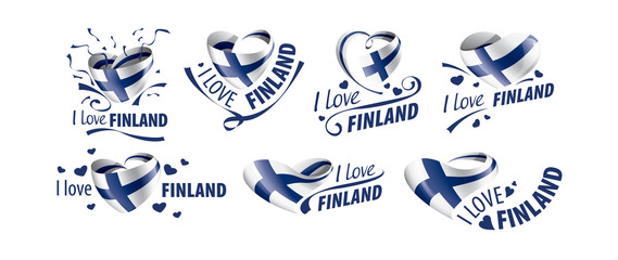 Wall Mural - National flag of the Finland in the shape of a heart and the inscription I love Finland. Vector illustration