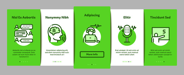 Poster - Speech Therapist Help Onboarding Mobile App Page Screen Vector. Speech Therapist Therapy, Alphabet And Blackboard, Phone And Microphone Linear Pictograms. Color Contour Illustrations