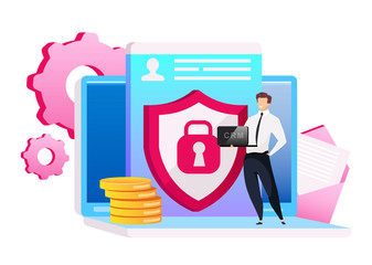 Poster - On premises CRM flat concept vector illustration. Smiling man standing on laptop 2D cartoon character for web design. Male in necktie, shirt and pants. Businessman in official clothing creative idea